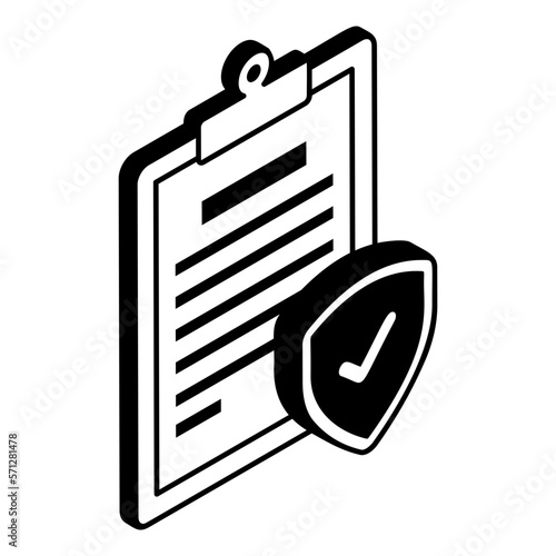 Insurance policy file folder form black isometric Concept, Claim settlement Vector Icon Design, Financial loss Protection Symbol, Risk management Sign, Clip Board with Shield Stock illustration