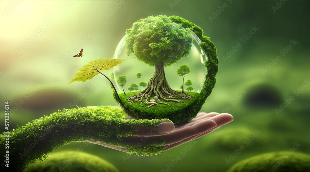 grüne Mooshand hält Kugel mit Baum, Naturschutz, generative AI - obrazy, fototapety, plakaty 