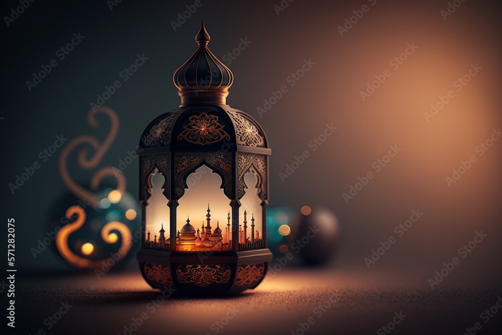 Ornamental Arabic lantern with burning candle glowing at night. Muslim holy month Ramadan Kareem made with generative AI