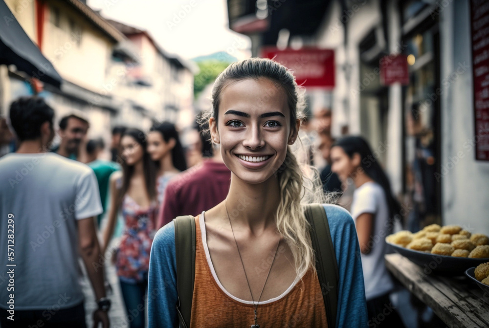 a young woman in a side street with other people in the background in daylight. Generative AI a young woman in a side street with other people in the background in daylight. Generative AI