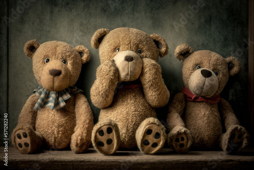 Three teddy bears see hear speak no evil, child abuse and home violence concept. Generative AI © wetzkaz