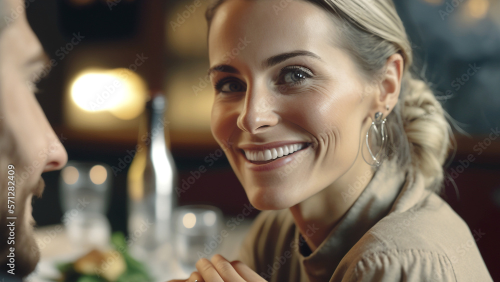 a woman has a dinner date in a restaurant in the afternoon with a man sitting next to her. Generative AI a woman has a dinner date in a restaurant in the afternoon with a man sitting next to her. Generative AI