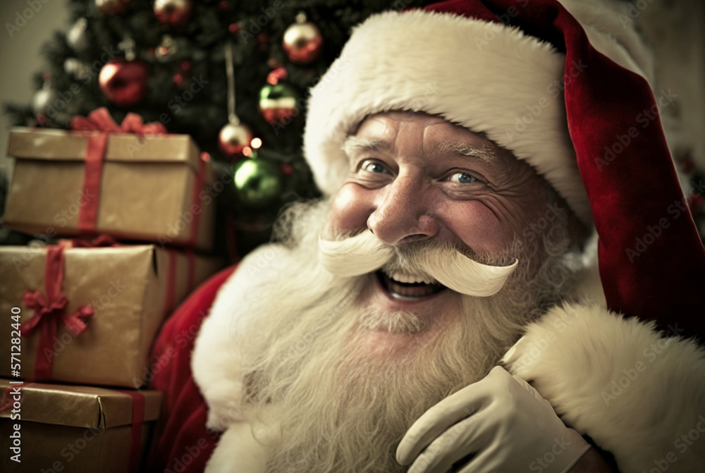 Fototapeta premium santa claus with overly joyful facial expression smiles and rejoices, in the background christmas presents and a christmas tree indoor. Generative AI