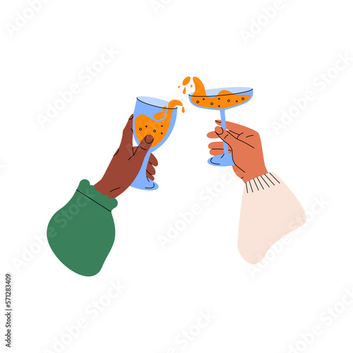 Hands with glasses. Drinking toast cheers to celebrate, friends gathering together with cocktail. Vector cartoon graphic