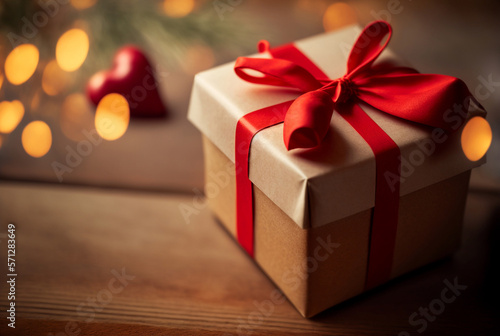 christmas present in brown paper gift wrapping and a red gift bow and a heart. Generative AI © wetzkaz