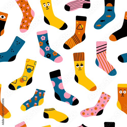Cute socks pattern. Seamless print of stylish knitted garment accessory, cotton wool clothing items. Vector texture