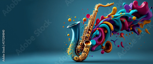 beautiful saxophone with magical splash texture for music banner festival generative ai photo