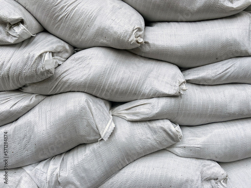 many Sandbags for flood protection, background,