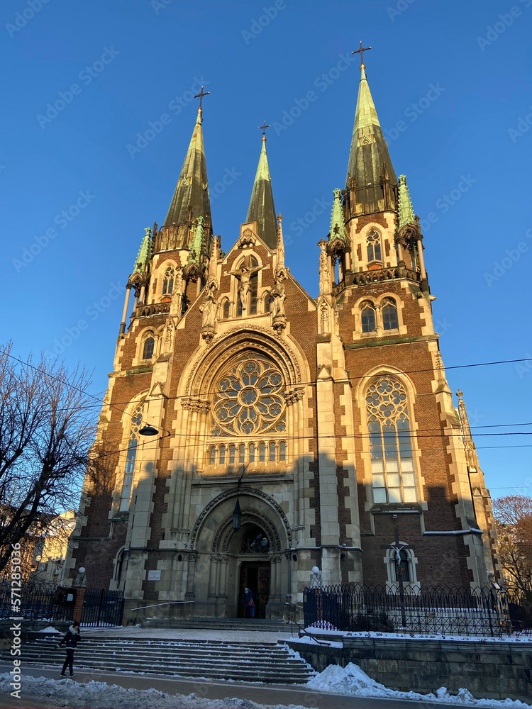 Lviv, Ukraine. - 02 11 2023: Cathedral of Saints Olga and Elizabeth, Building of baroque and gothic architecture.