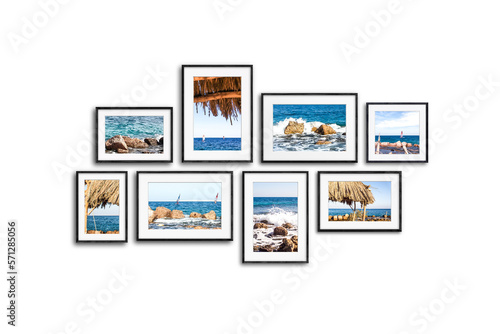 Photo frames collage isolated on white  sea view pictures  interior decor mock up