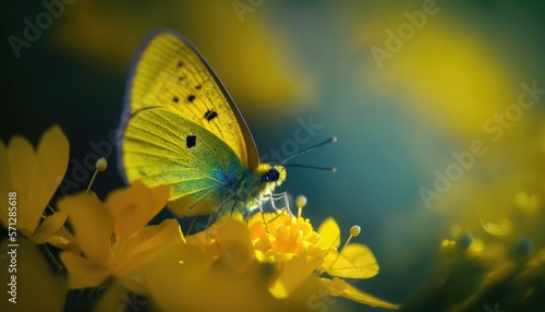 Nahaufnahme von einem schönen gelben Schmetterling auf gelben exotischen Blumen und Bokeh Effekt im Hintergrund, Generative AI 