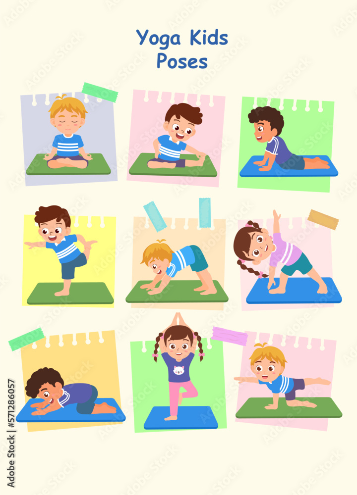 Set of Yoga kids balancing poses. Gymnastics for children and healthy lifestyle. Vector illustration. Set of Yoga kids balancing poses. Gymnastics for children and healthy lifestyle. Vector illustration.