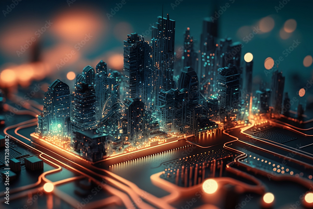 Smart city on circuit board background. Futuristic cyberspace concept. Generative Ai - obrazy, fototapety, plakaty 