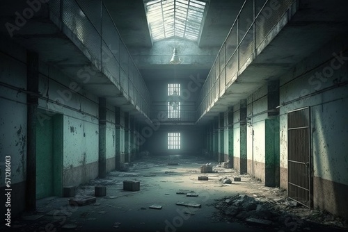 empty dark dirty alley hallway of unused facilities old building prison jail generative ai