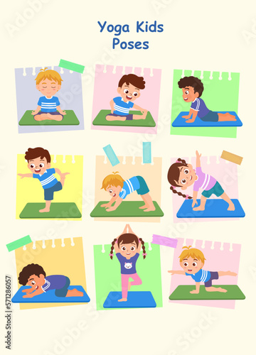 Set of Yoga kids balancing poses. Gymnastics for children and healthy lifestyle. Vector illustration.