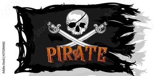 Drapeau pirate. ripped tear grunge old fabric texture of the pirate skull flag waving in wind, calico jack pirate symbol at cloudy sky with sun rays light, dark mystery style, hacker and robber ...
