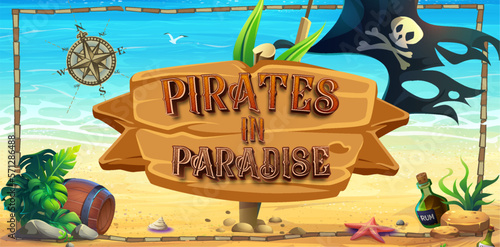 cartoon illustration, pirate ship on a tropical island
