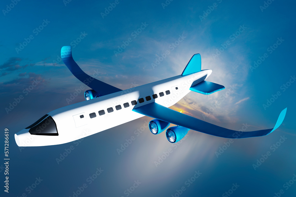 3d rendering airplane flie through the clouds at sunset with its long turquoise wings 3d rendering airplane flie through the clouds at sunset with its long turquoise wings