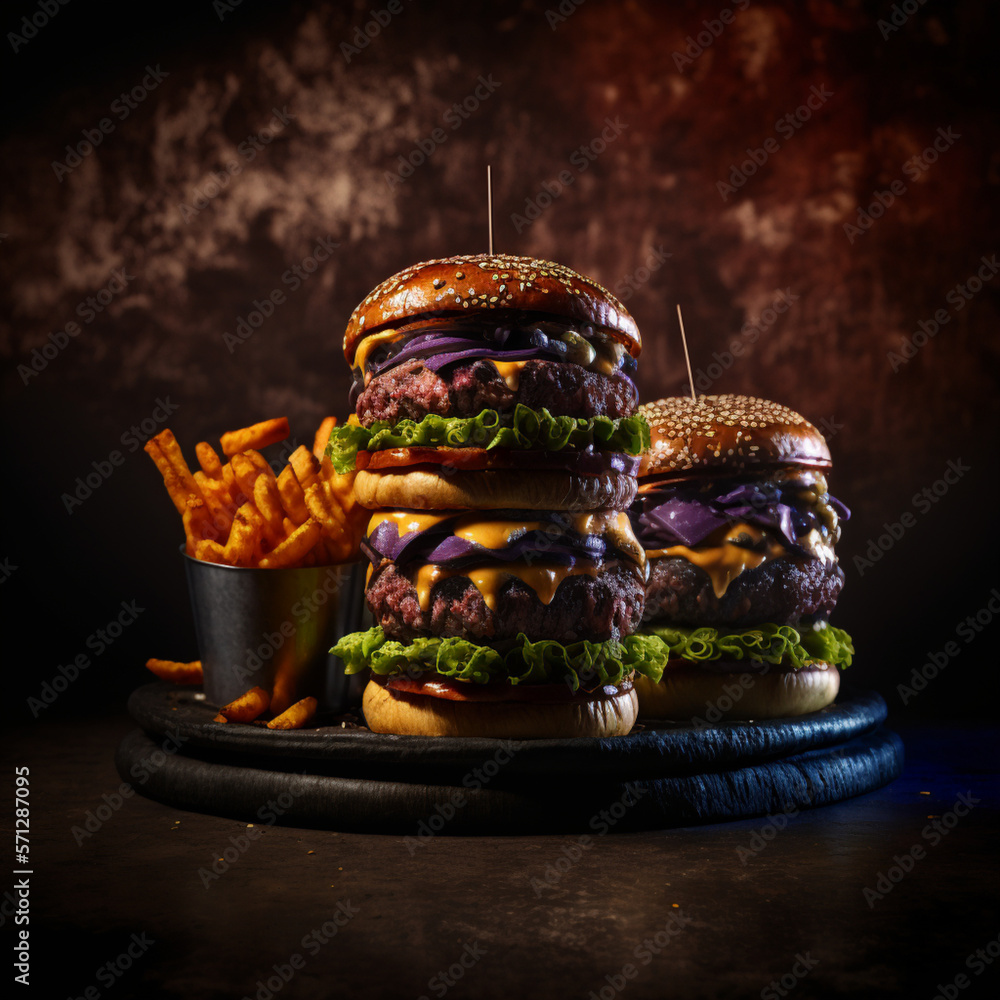 a triple burger with fence fries, Professional Food Photography, Five Michelin Star, High Class, Elegant, Delicious, Delectable, Savory, Alluring, Cinematic, Color Grading, Depth of Field, Hyper-Detai