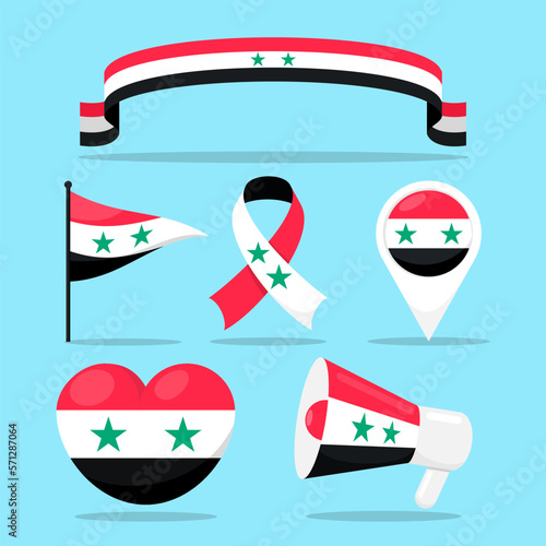 Colección de banderas, megáfono, cinta y con bandera de Siria