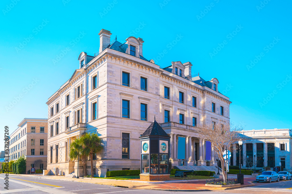 Pensacola City skyline and architectural landmarks, the winter landscape of the historic buildings of Escambia County Courthouse in Florida, USA