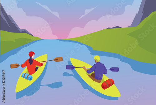 River landscape with tourists engaged active water sports, vector illustration.