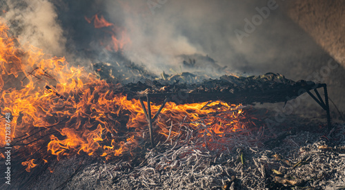 Preparing calsots over a large fire fueled by grapevine wood photo