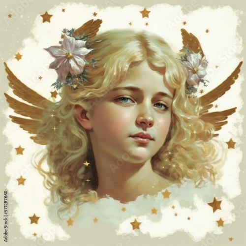 Vintage style angel stickers with a star theme. Created using generative AI and image editing software.