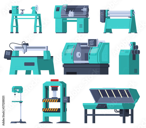 Industrial machines for processing metal, wood, plastic. Production of parts on mechanical machines. Electronic equipment, engineering technologies. Vector illustration