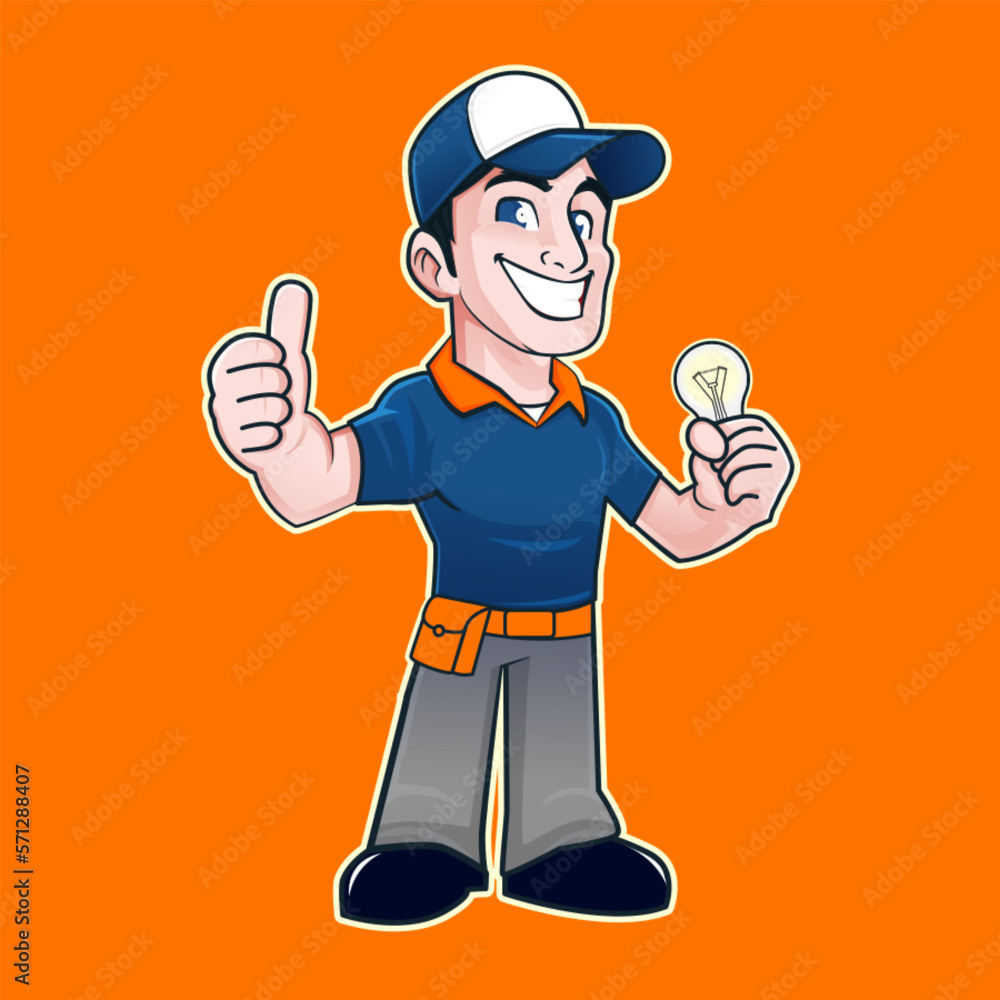 the mascot of an electrician wearing a blue-orange polo shirt the mascot of an electrician wearing a blue-orange polo shirt