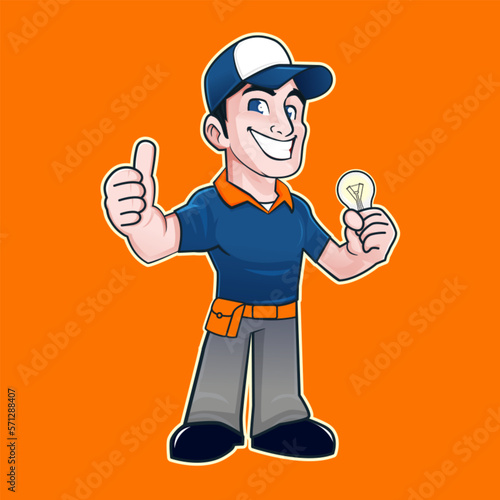 the mascot of an electrician wearing a blue-orange polo shirt