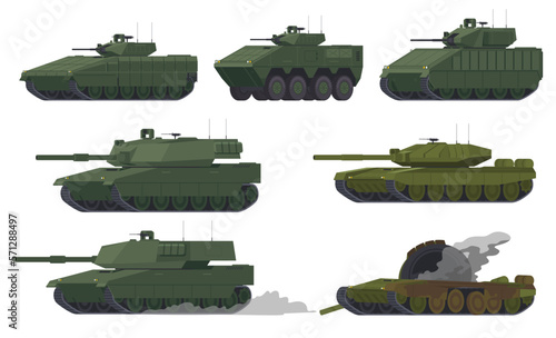 Military tanks armored vehicles. Vehicles protected by armor and weapons. Technivka for waging war. Vector illustration