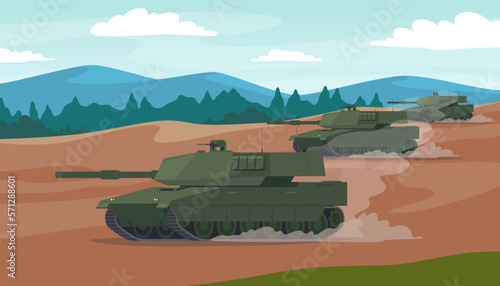 Tanks on the training ground. Military tanks armored vehicles. Vehicles protected by armor and weapons. Technivka for waging war. Vector illustration