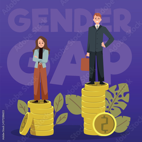 Gender gap abstract poster with man and woman have unequal wage, flat vector illustration.