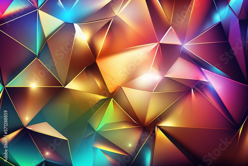 Vibrant holographic abstract bg with metallic geometric shapes for digital designs. Dynamic light & color play for a mesmerizing effect. Ideal for presentations, websites, social media. Trendy graphic