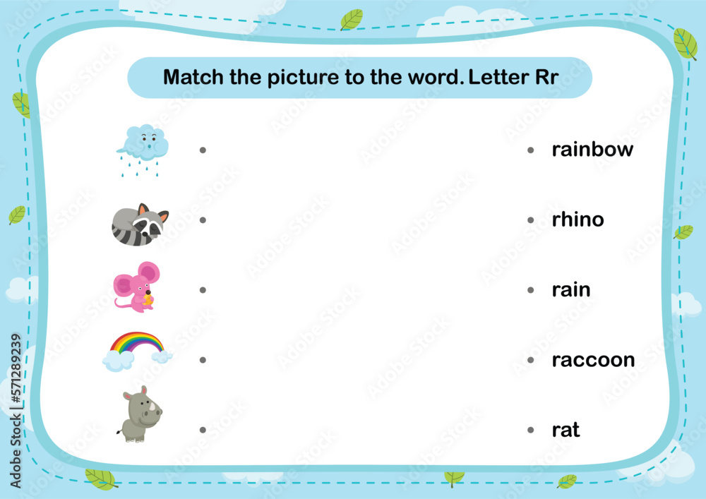 Match words with the correct pictures letter R illustration, vector