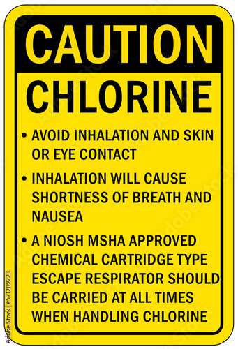 Chlorine chemical warning sign and labels avoid inhalation and skin or eye contact