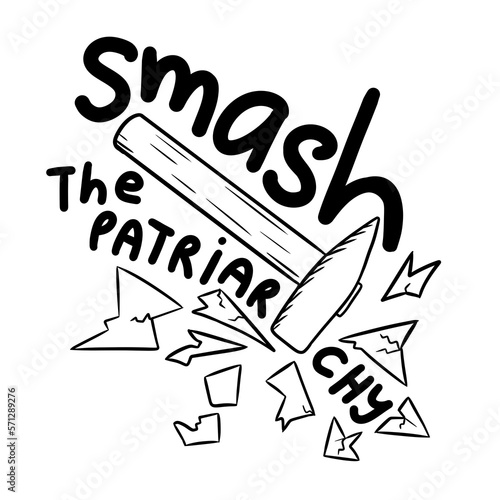 Smash the patriarchy hand drawn illustration with hammer flowers. Feminism activism concept, reproductive abortion rights, row v wade design. Round circle print for women equality keep abortion legal. photo
