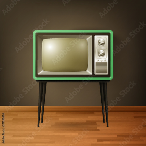 Vector 3d Realistic Retro TV Receiver on Wooden Floor. Home Interior Design Concept. Vintage TV Set, Television, Front View