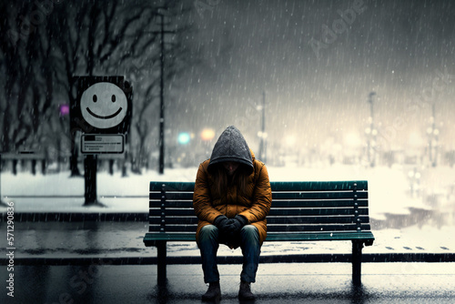 A sad man sits on a bench. Seasonal Affective Disorder SAD  Generative AI photo