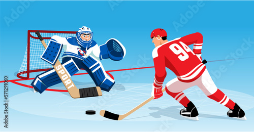 Hockey game - striker and goalkeeper. Penalty shot in hockey. Vector illustration.