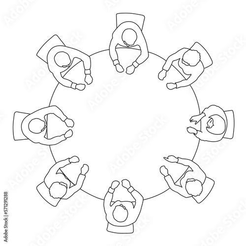 Line art drawing of business meeting top view on circle table conference office team .