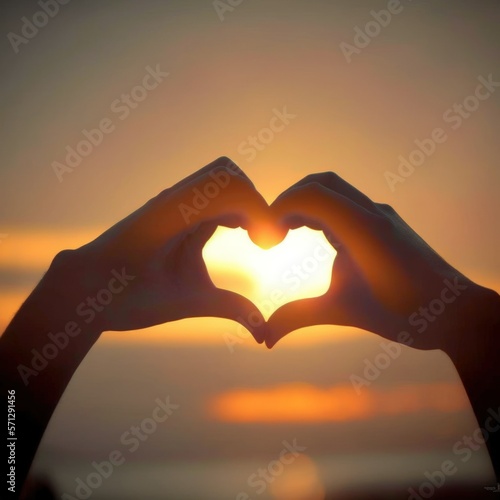 Silhouette Hand Heart at Sunrise. Created using generative AI and image editing software.