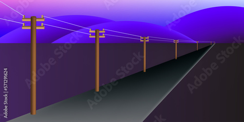 3d rendering of power lines, mountains and bright colored sky with gray highway on dark ground. natural scenery in the twilight of a sunny day