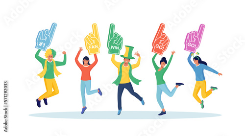 Cheering sports fans with colorful foam hands. Fan foam fingers for show support for team on championship game. Audience rooting for their soccer team. Supporters watch football game, cheerleading