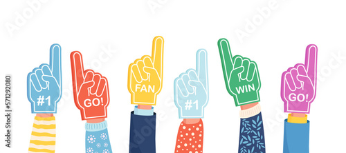 Set of colorful foam hand. Cheering Sports Fans. Fan foam fingers for show support for a team on championship game. Encouragement symbol. Number one and best