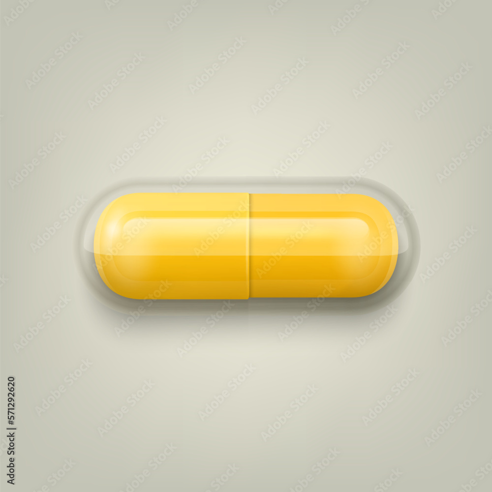 Vector 3d Realistic Yellow and White Pharmaceutical Medical Pill, Capsule, Tablet on White Background. Front View. Copy Space. Medicine, Health Concept Vector 3d Realistic Yellow and White Pharmaceutical Medical Pill, Capsule, Tablet on White Background. Front View. Copy Space. Medicine, Health Concept