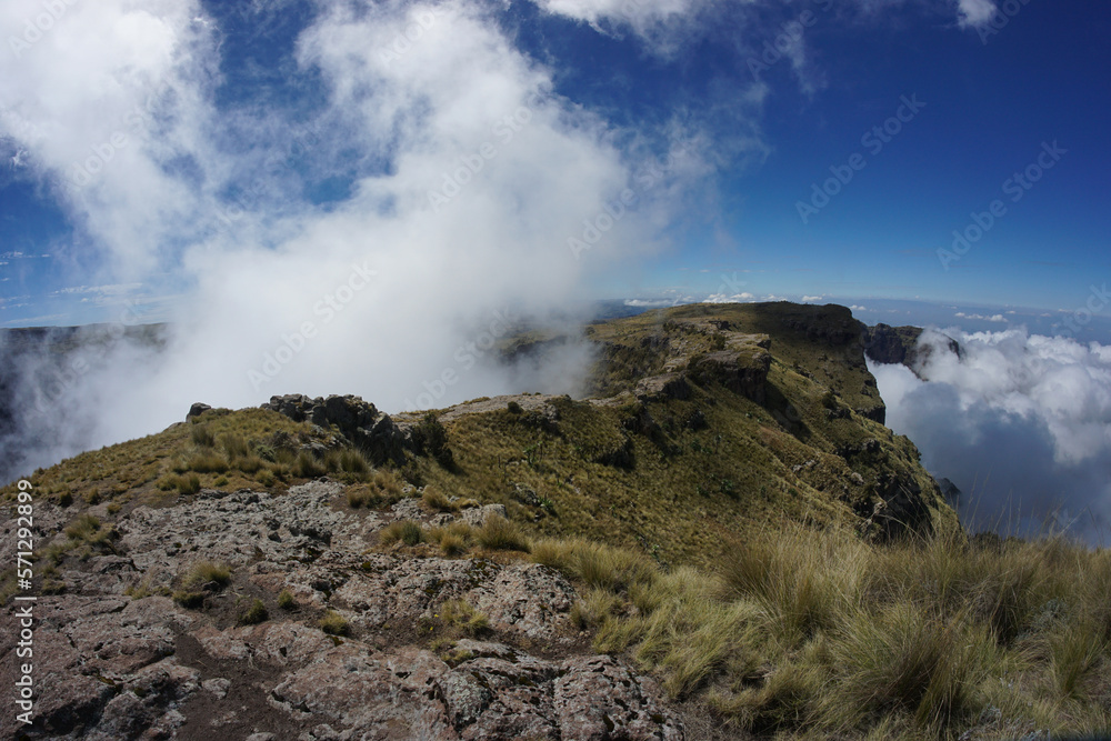 Panoramic view of mountain ridge with clouds in the Simien Mountains Ethiopia, Africa