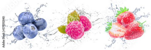 Render graphic with Blueberry, Strawberry and Raspberry. Picture with water drops, splashes and fruits. White isolated background crystal clear liquids.
