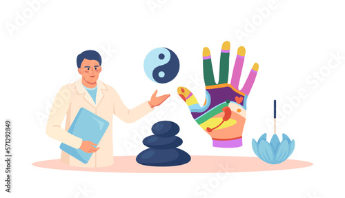 Acupuncture therapy, chinese alternative medicine for disease prevention. Hand reflexology chart with description of corresponding internal organs. Stress relief. Acupuncturist analyzes reflex zones